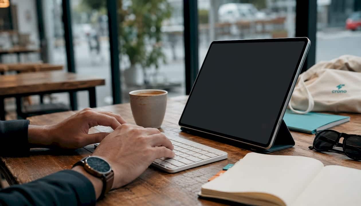 Over-shoulder view of workspace showing hands at keyboard and sales dashboard
