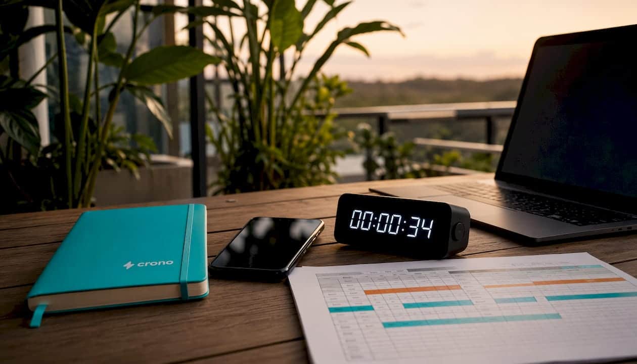 Close-up of desk with phone, timer, and call schedule for timing tests