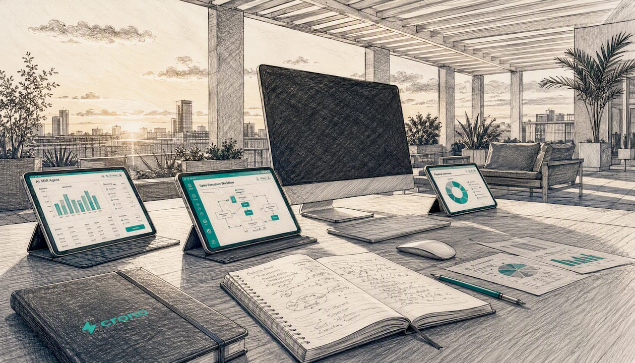 Modern workspace with AI dashboard and CRM data
