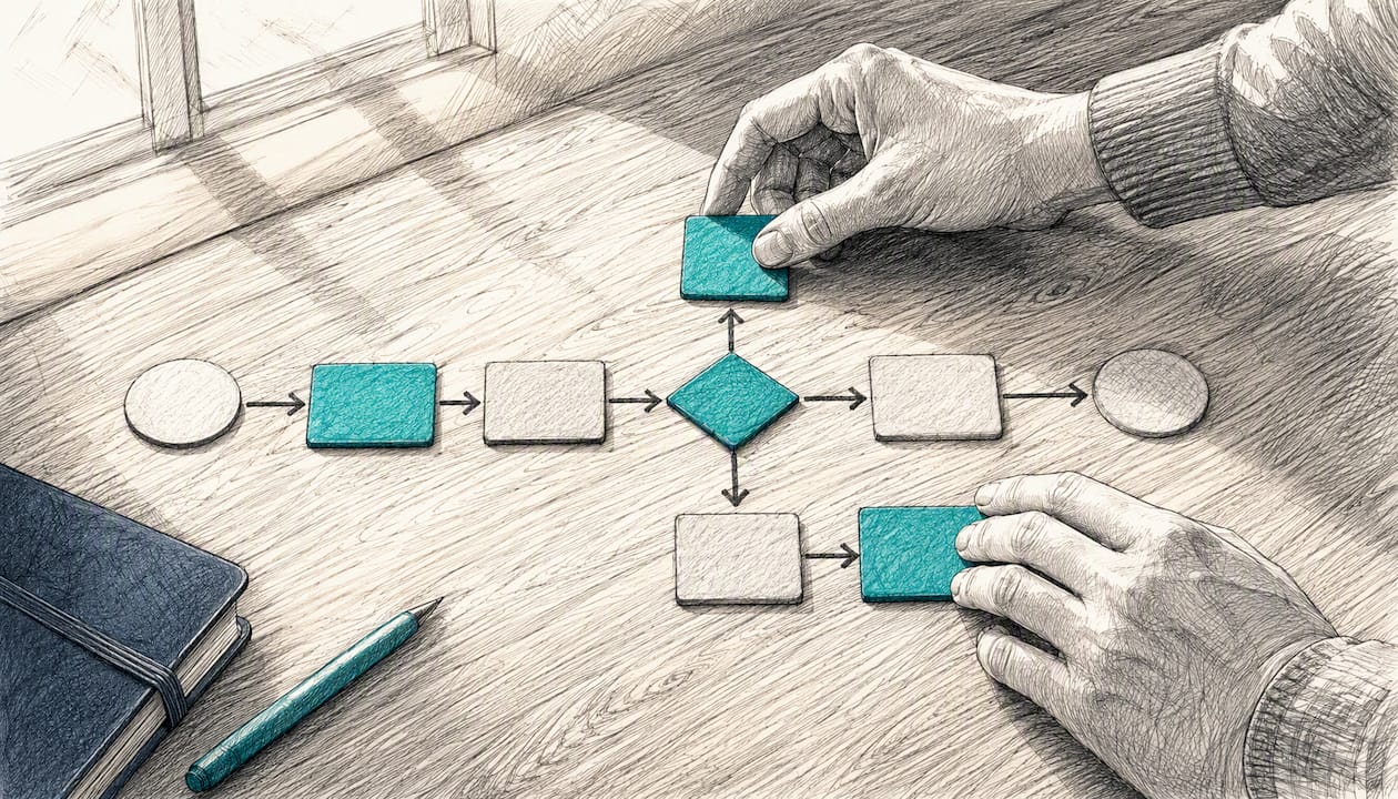 Hands arranging sales pipeline mockup on white table