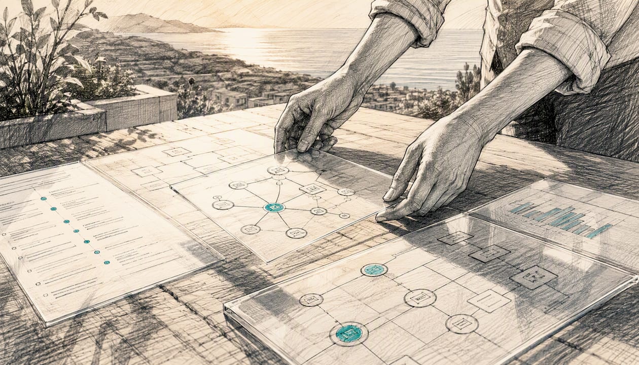 Hands aligning workflow charts in abstract office setting