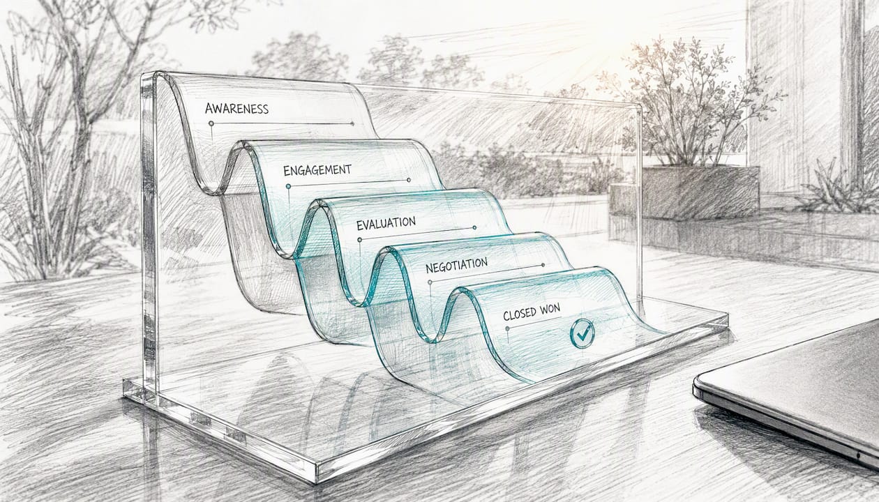 Abstract sales workflow signals on glass panel