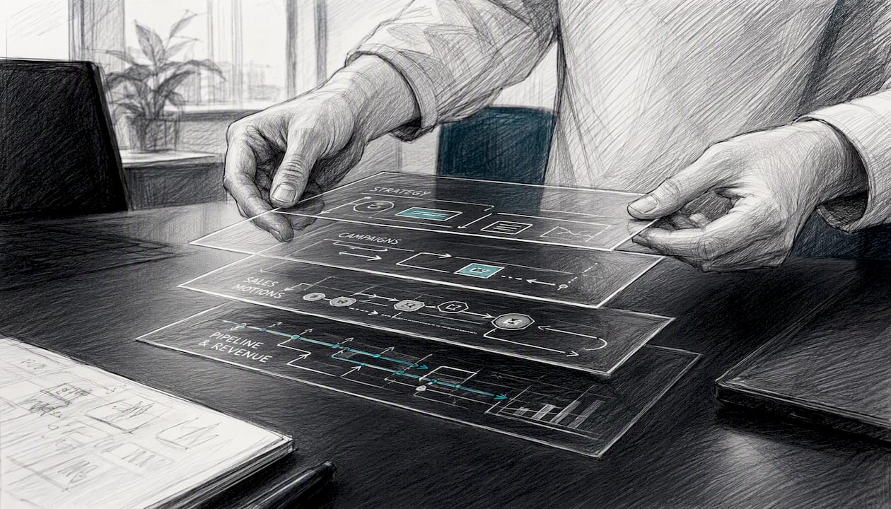 Hands arranging digital workflow panels