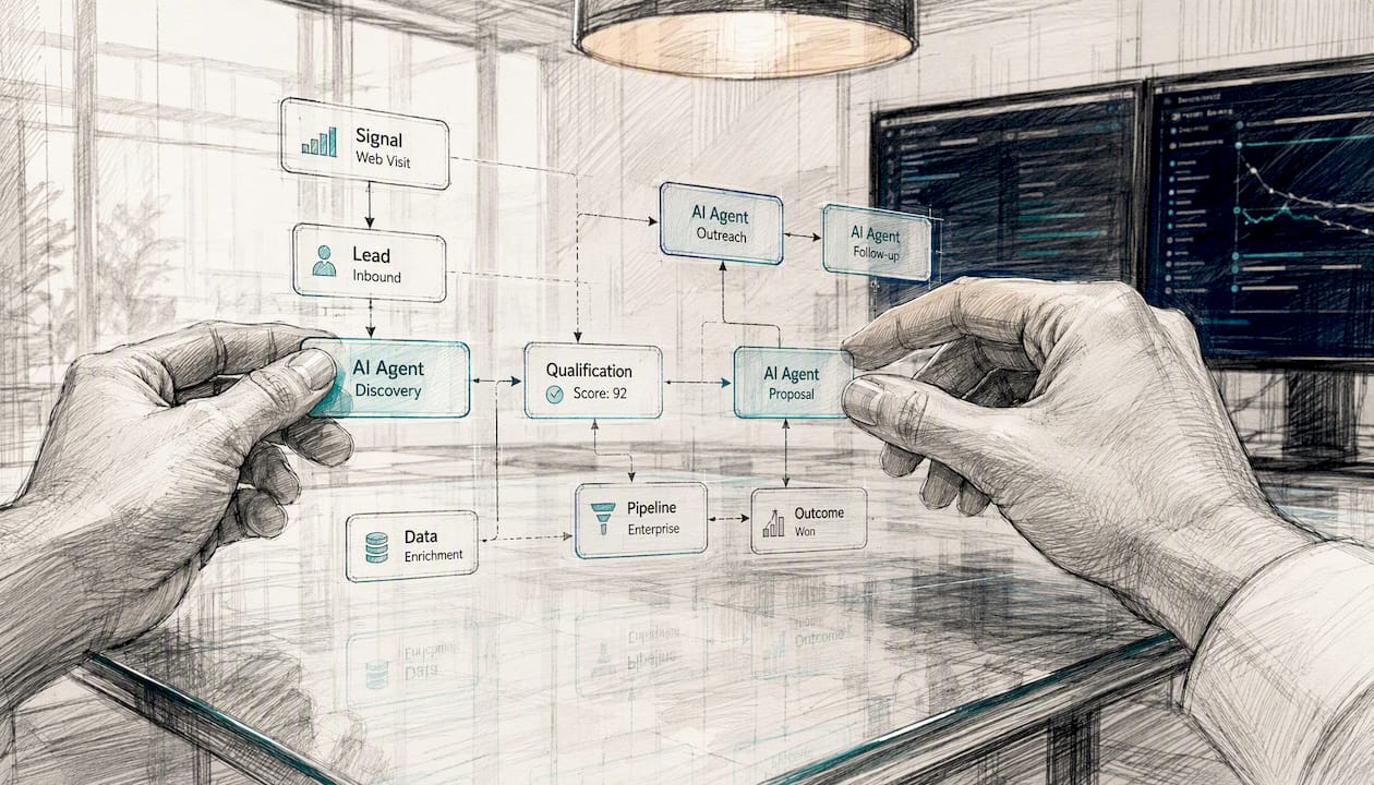Hands adjusting AI sales workflow modules