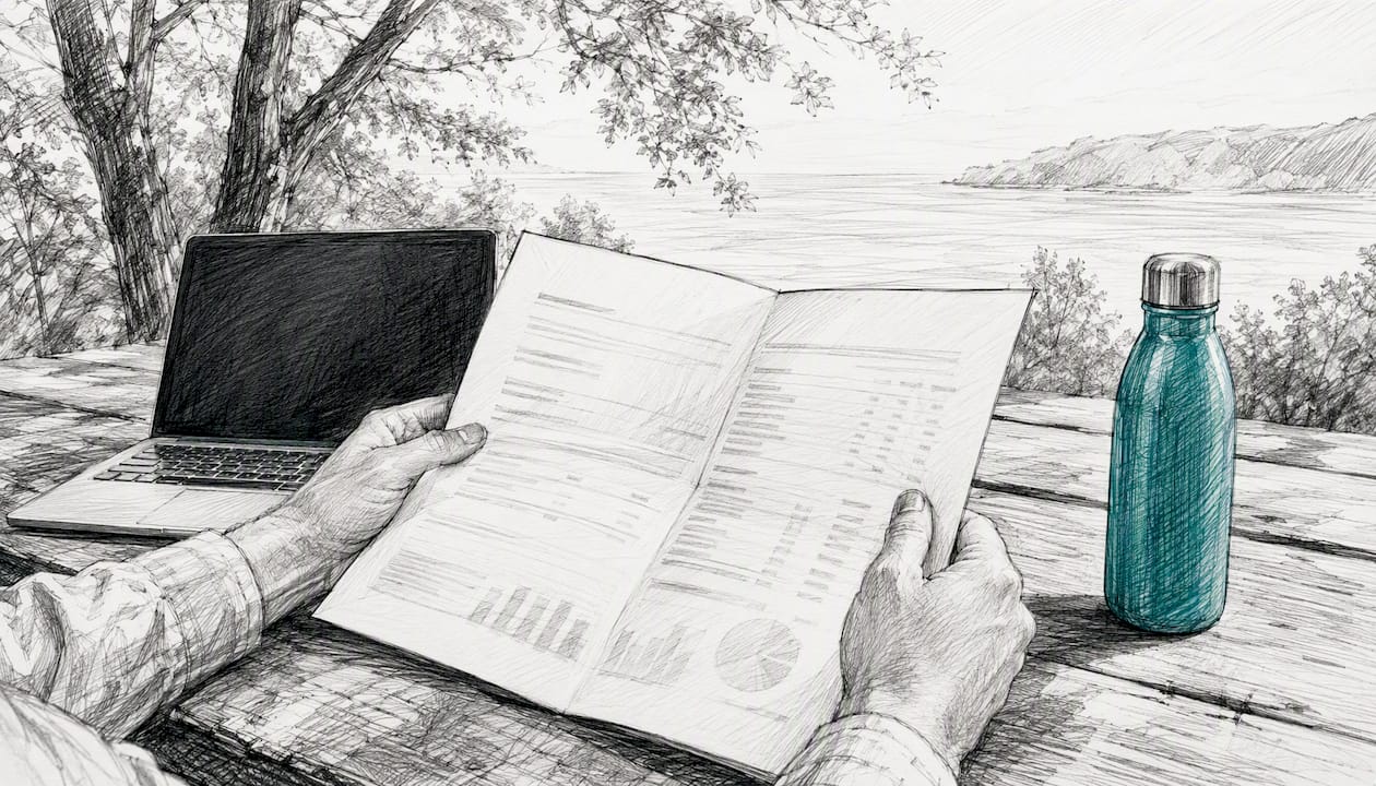 Hands holding financial documents with dark laptop silhouette