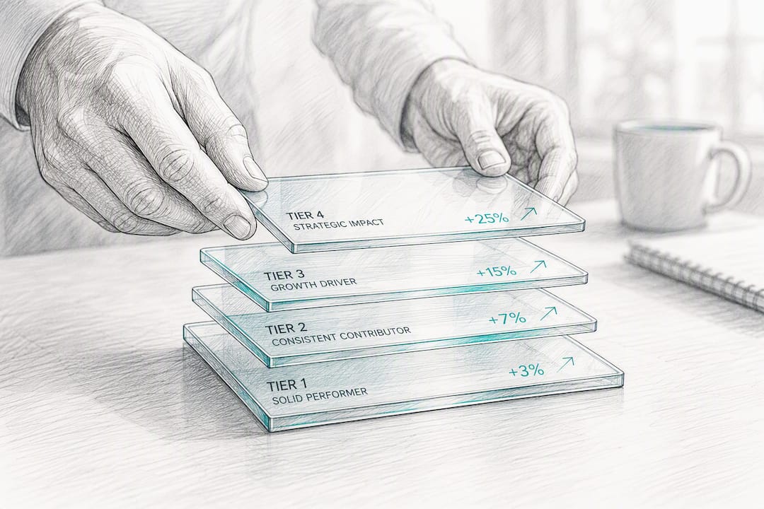 Hands arranging tiered commission rate panels