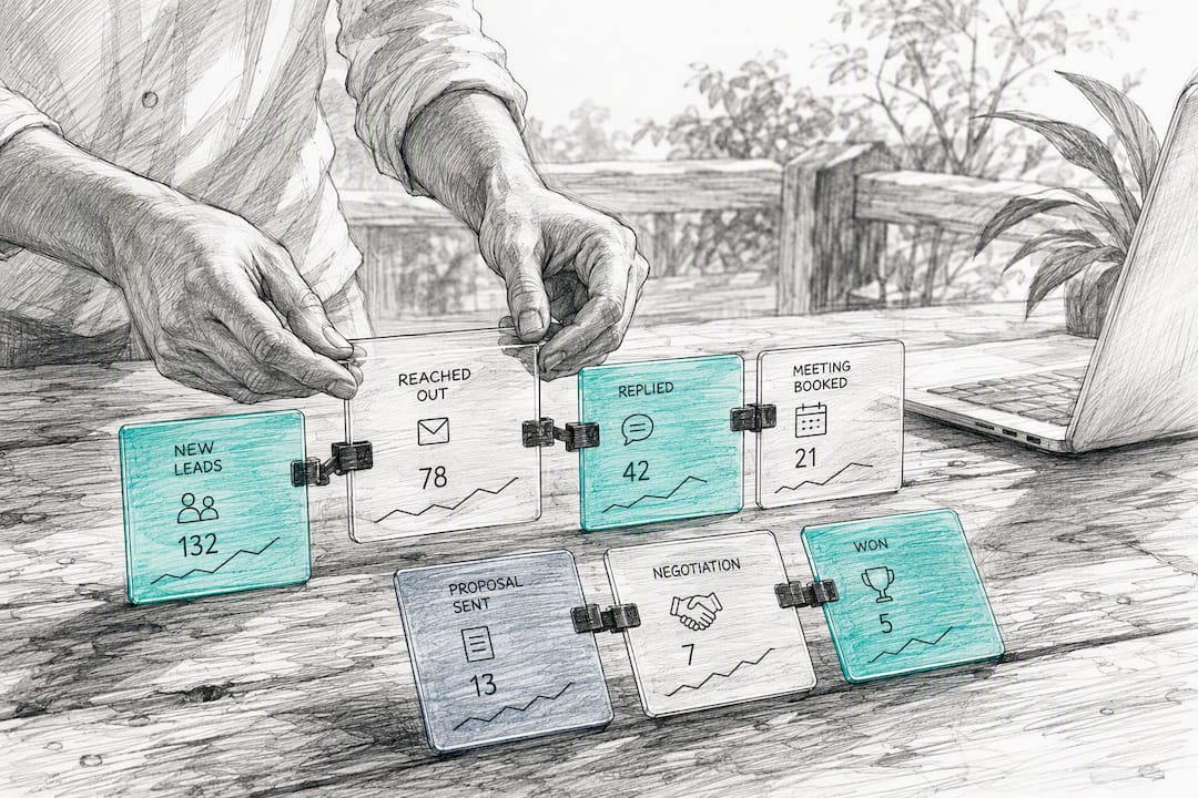 Hands arranging sales workflow panels