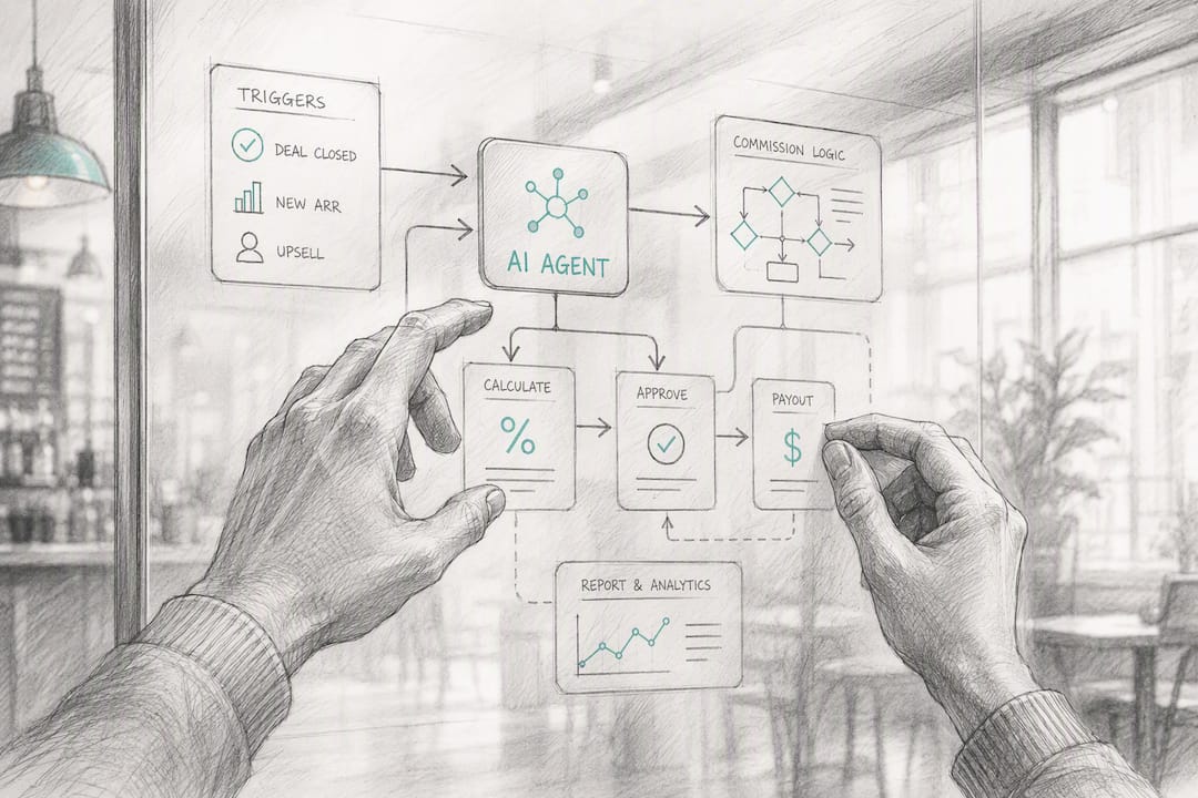 Hands managing transparent commission workflow panels