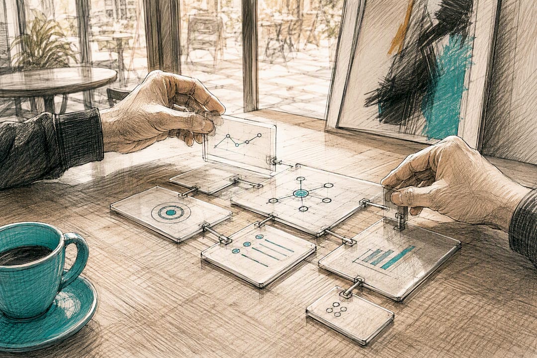 Hands connecting transparent workflow panels