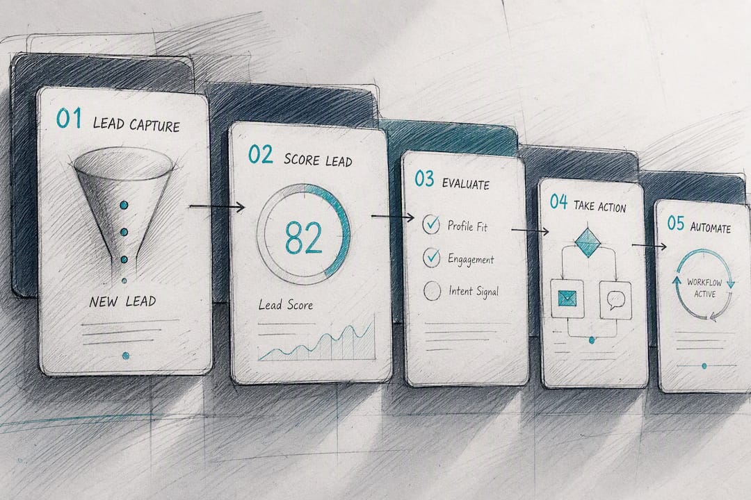 Close-up of layered workflow and lead scoring panels