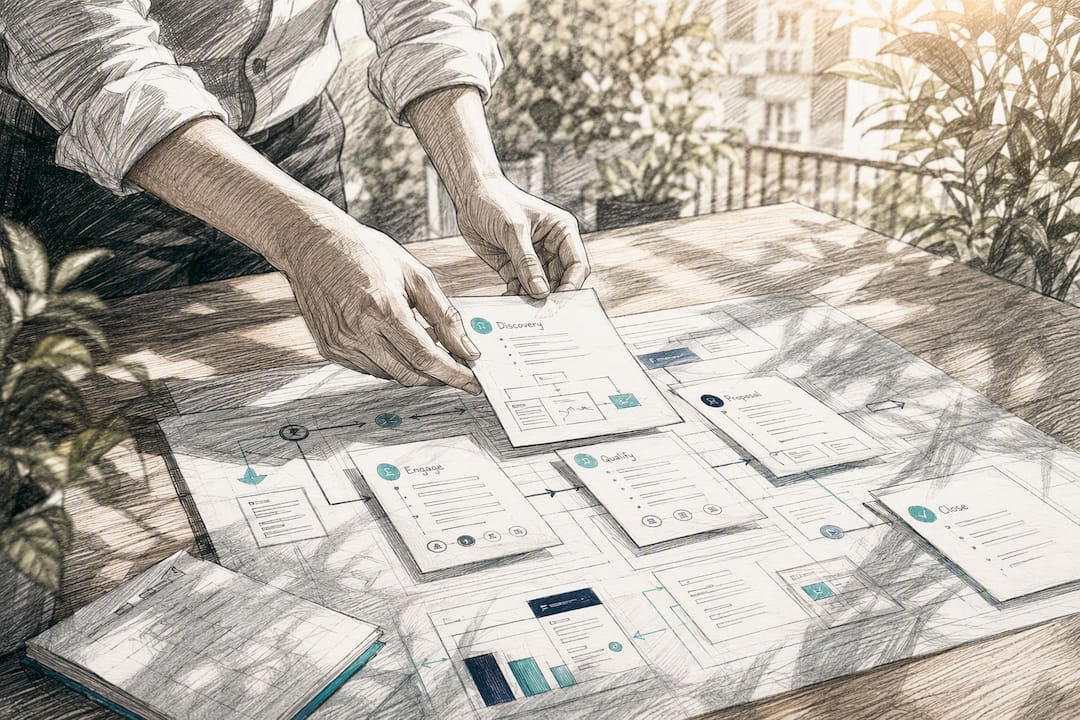 Hands arranging sales workflows on table