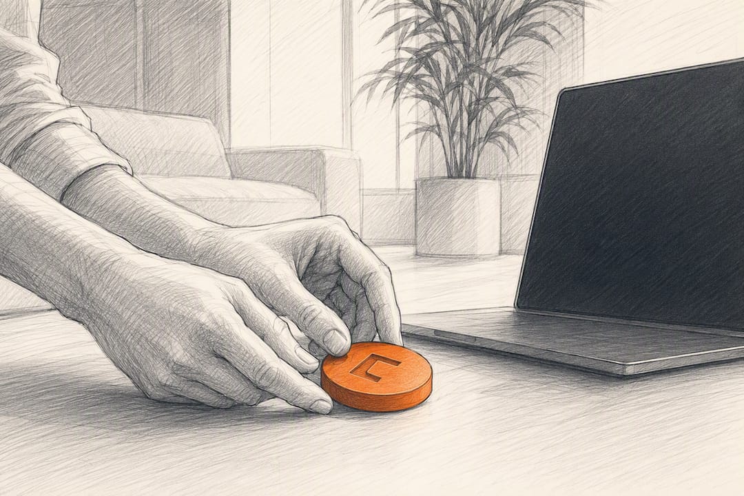 Hands placing token beside dark screen symbolizing CTA subtext